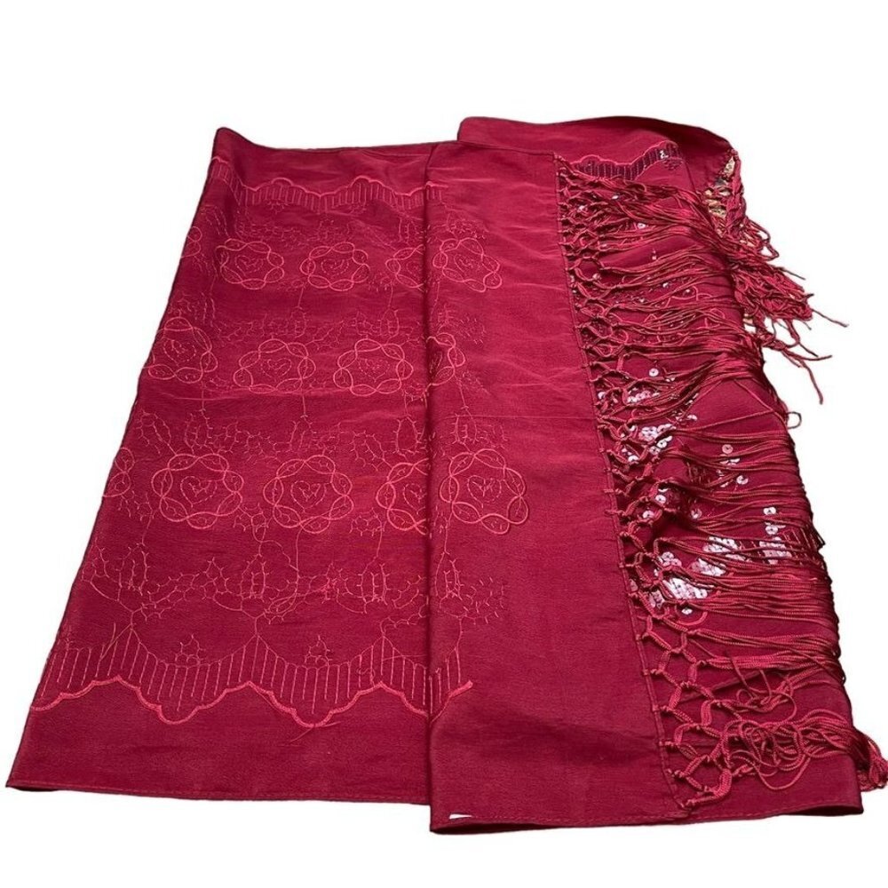 Indian Multi Use Burgundy Fringed Sequined Embroidered Scarf Shawl Wrap NWOT - Picture 6 of 6